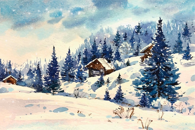 Free Vector Beautiful Winter Landscape In Watercolor Free Vector Beautiful Winter Landscape In Watercolor