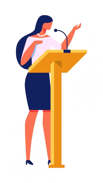 Premium Vector | Beautiful woman gives lecture stand near podium