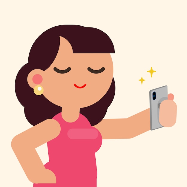 Download Beautiful woman happy smiling taking selfie with smartphone, vector flat illustration. | Premium ...