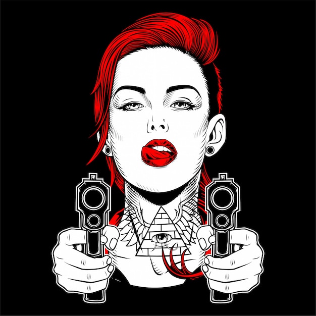 Beautiful woman holding a gun hand drawing Vector | Premium Download