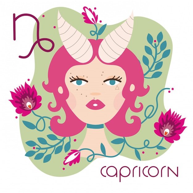 Beautiful woman with capricorn zodiac sign illustration Premium Vector