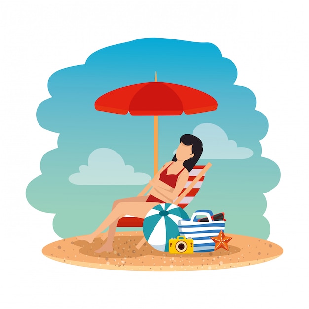 Premium Vector | Beautiful woman with swimsuit seated in beach chair ...