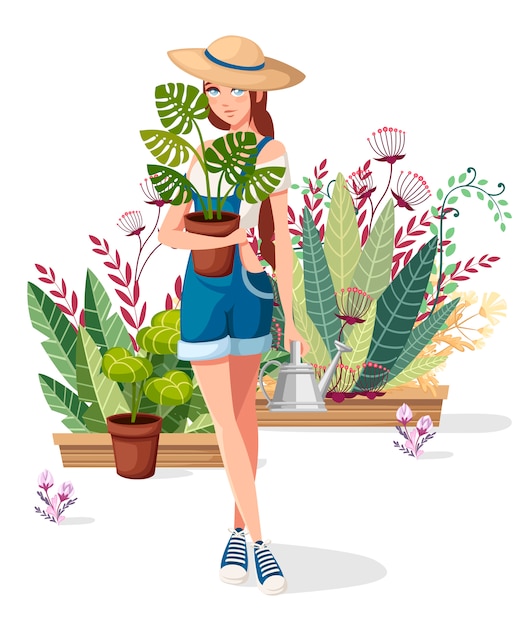 美しい女性は植木鉢とじょうろを保持します 夏の帽子の農家の少女 漫画のキャラクターデザイン 背景に多くの花ポット 白のフラットのイラスト プレミアムベクター