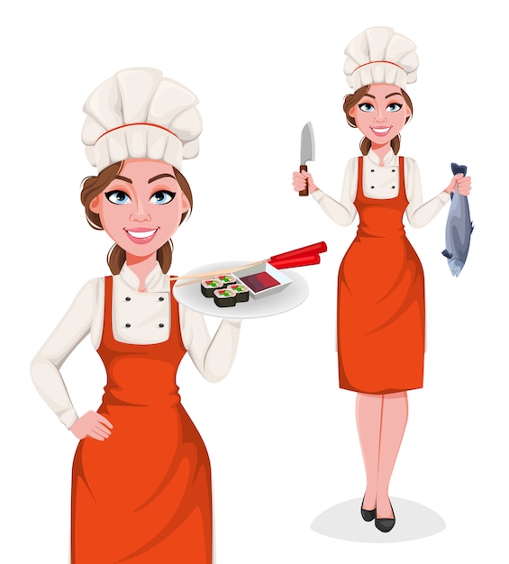 Download Beautiful young chef woman. pretty cook lady | Premium Vector
