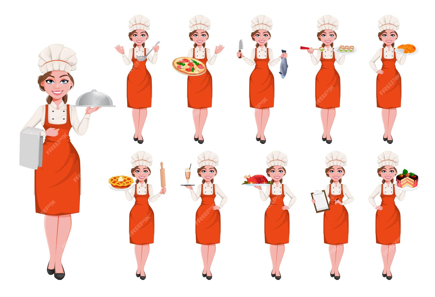 Premium Vector | Beautiful young chef woman, set of eleven poses ...