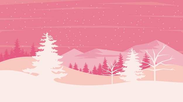 Premium Vector | Beauty pink winter landscape scene with pines trees ...