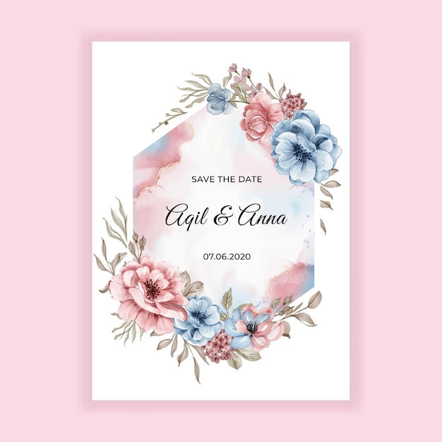 ピンクの青い花と美容結婚式花の招待カード 無料のベクター