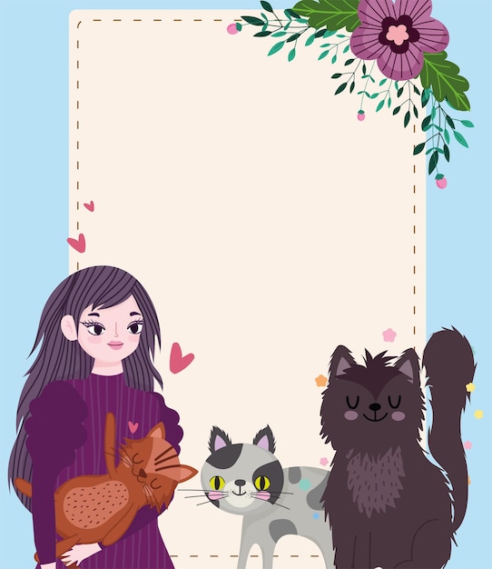 猫の花の装飾漫画 グリーティングカードテンプレートイラストと美女 プレミアムベクター
