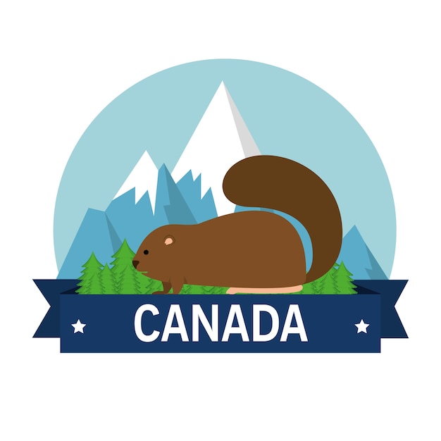 ビーバーカナダの動物のシーンのベクトルのイラストのデザイン プレミアムベクター