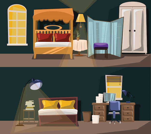 Premium Vector | Bedroom interior set vector illustration