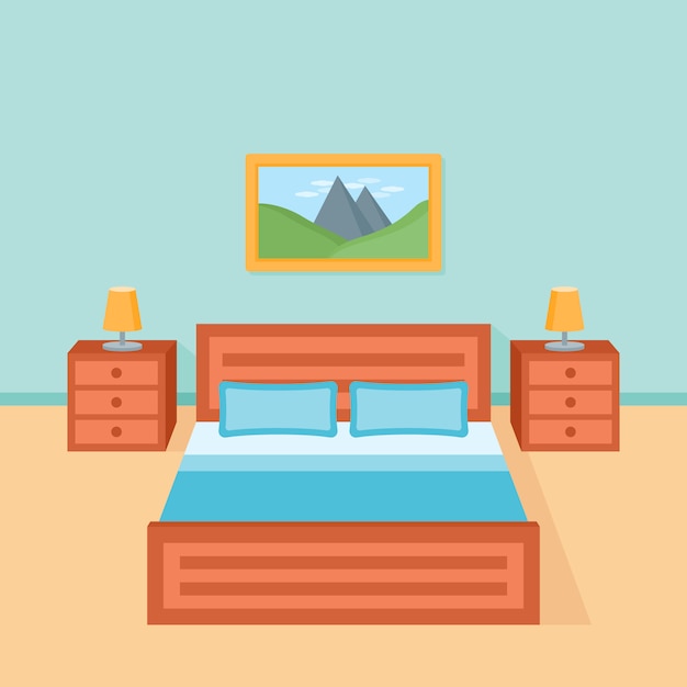 Premium Vector | Bedroom interior with bed, nightstand and lamp. flat ...