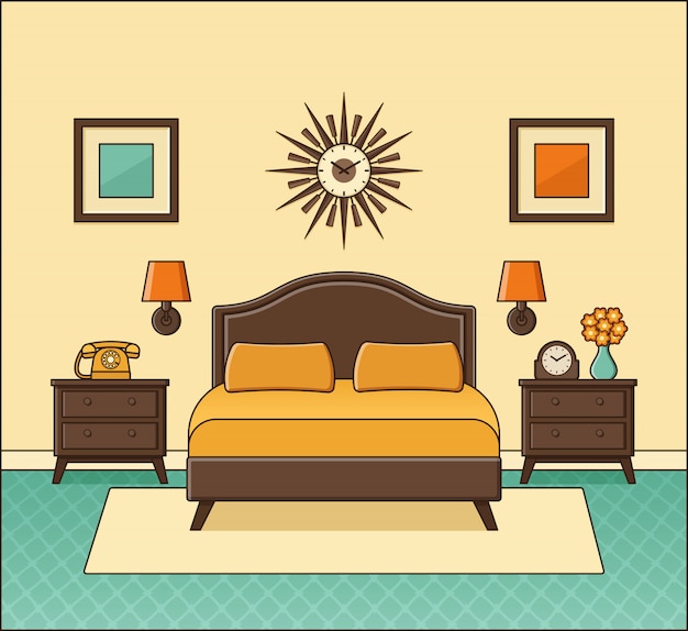 Bedroom retro interior. hotel room in flat design. vector ...