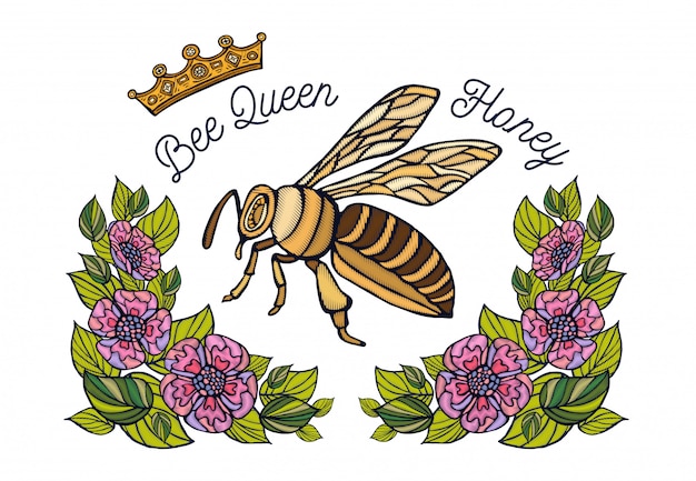 Premium Vector | Bee crown flowers embroidery. honey bee bumblebee ...