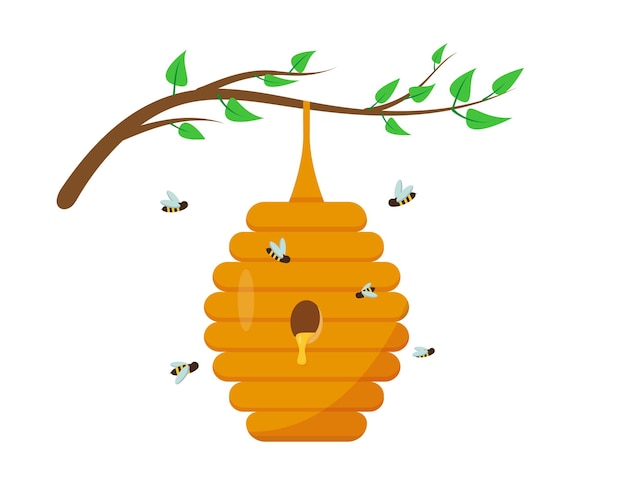 Premium Vector | Bee hive with honey on the tree branch with leaves ...