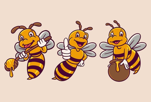 蜂は蜂蜜スプーンと蜂蜜樽動物ロゴマスコットイラストパックを保持しています プレミアムベクター