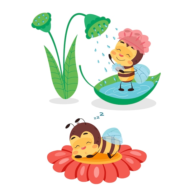 蜂はシャワーを浴びて 花で寝ています 孤立した白地の子供のためのキャラクターデザインイラスト キュートで面白いミツバチの生活 プレミアムベクター