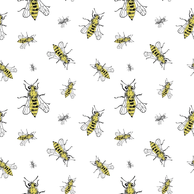 Premium Vector | Bee sketch pattern. hand drawn insect bees on ...