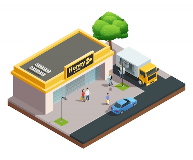 Beekeeping apiary isometric composition of honey shop building with visitors Free Vector