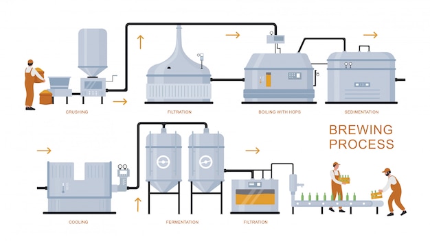 Premium Vector Beer Brewing Production Process Illustration Cartoon Flat Infographic Poster Of Brewery Plant Equipment For Preparation Boiling Fermentation Filtration Craft Beer Product Isolated On White