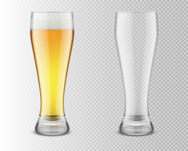 ビールグラス 満杯と空 透明な背景に分離されたリアルなイラスト プレミアムベクター