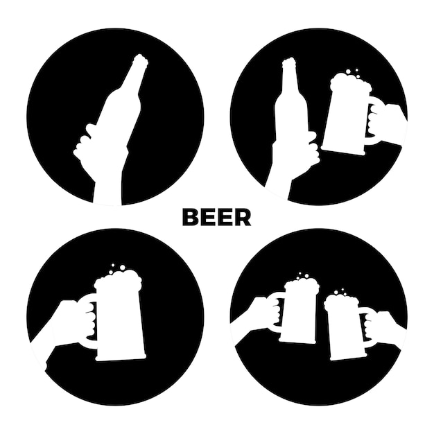 セットのビールアイコン 手のシルエットの黒と白のビール孤立したイラストモノクロ プレミアムベクター
