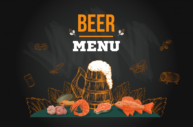 Beer menu template in sketch hand drawn style on chalkboard Premium Vector