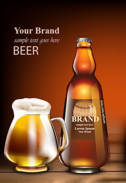 Download Beer vector realistic mock up. product packaging mock up. glass bottle and mug. template d ...
