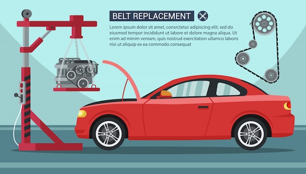 Belt replacement lift with compressor near red car. service station. car service. open hood. automobile repair. motor repair. Premium Vector