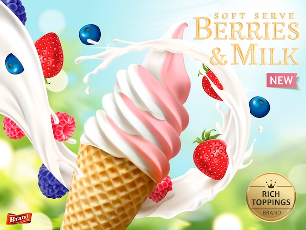 ベリーと牛乳のソフトクリームの広告イラスト プレミアムベクター