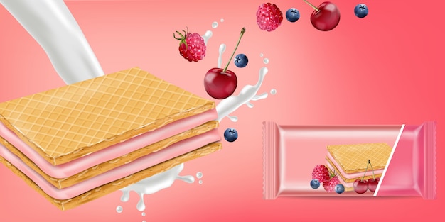 Berry cream waffles cookies mock up Premium Vector