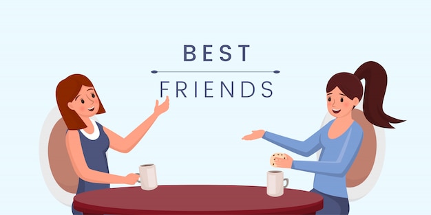 Download Best friends. young girls drinking coffee, chatting cartoon characters. | Premium Vector