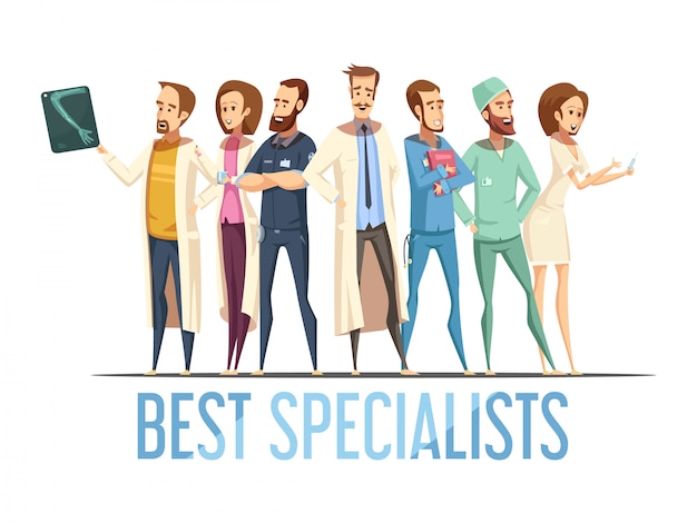 Best medical specialists design with smiling doctors and nurses in various poses cartoon retro style Free Vector
