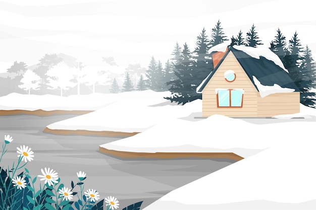 家の自然風景風景と冬の森の木が白くなるまで雪に覆われた最高のシーン 田舎の自然のイラスト プレミアムベクター