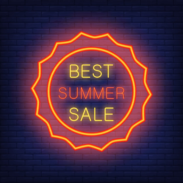無料のベクター 最高の夏の販売 ネオンスタイルのイラスト 太陽の形をした赤い枠で光るテキスト