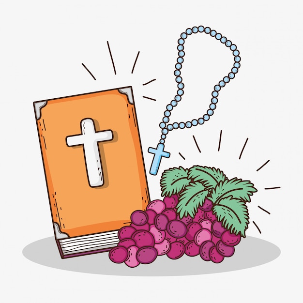Bibble with rosary cross and grape to first communion Premium Vector