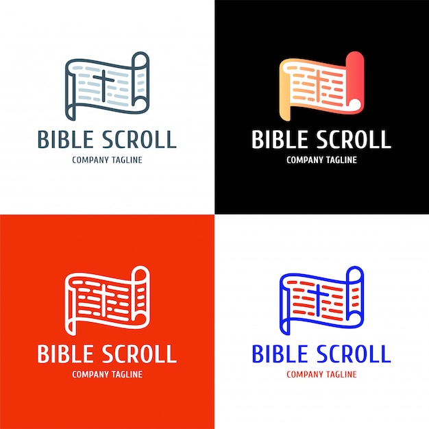 中央のロゴデザインに十字架が付いている聖書の巻物 プレミアムベクター