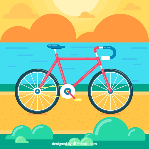 Bicycle background in a landscape at sunset in\
flat design