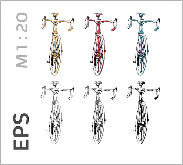 自転車の図面に異なる色 正面図を設定 プレミアムベクター