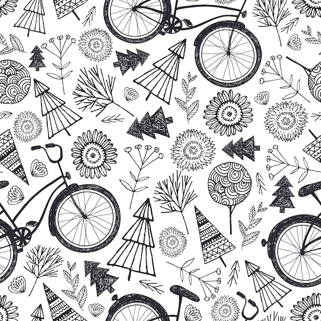 木 花 花と自転車のシームレスなパターン 黒と白 手描き落書き背景 プレミアムベクター