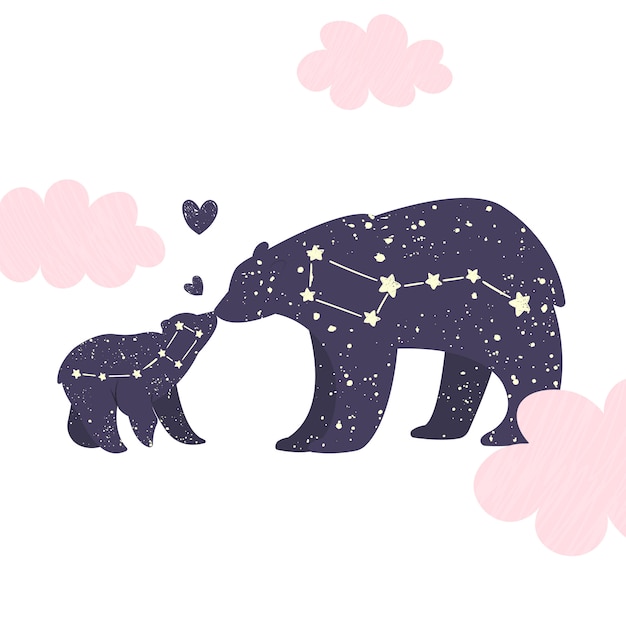Big bear and little bear constellation in the night starry sky. Premium Vector