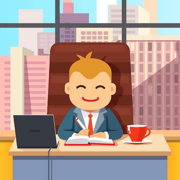 Big boss CEO sitting at the desk with laptop Vector Free Download