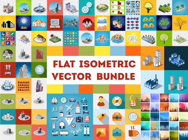 Big bundle set of design templates, design elements, isometric objects buildings Premium Vector