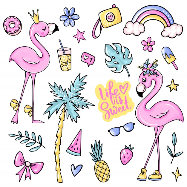 Premium Vector Big Cute Summer Stickers Set With Flamingos Ice Cream Watermelon Pineapple Rainbow Lemonade Cherry