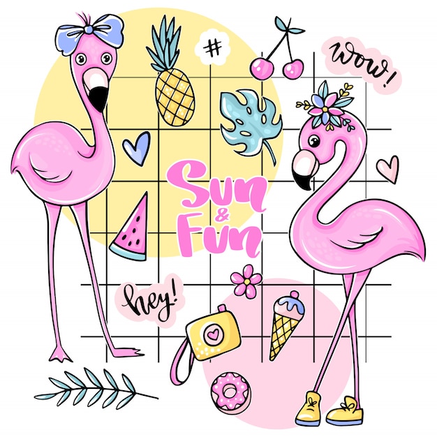 Premium Vector Big Cute Summer Stickers Set With Flamingos Ice Cream Watermelon Pineapple Rainbow Lemonade Cherry