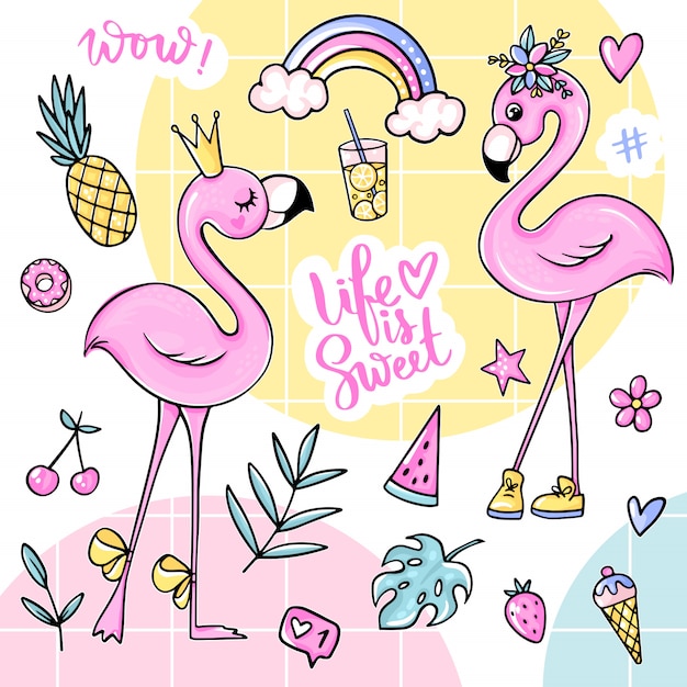 Premium Vector Big Cute Summer Stickers Set With Flamingos Ice Cream Watermelon Pineapple Rainbow Lemonade Cherry