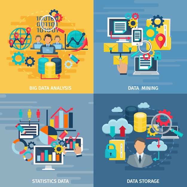 Big data mining analysis and storage technology 4 flat icons square composition banner Free Vector