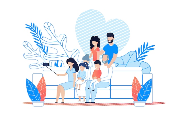 Big family selfie on smartphone cartoon. Premium Vector