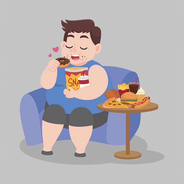 Premium Vector | Big fat happy man enjoy eat donut snack sitting on sofa