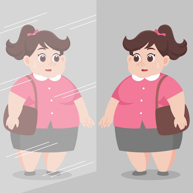 Premium Vector | Big fat woman looking herself in the mirror and feel worry