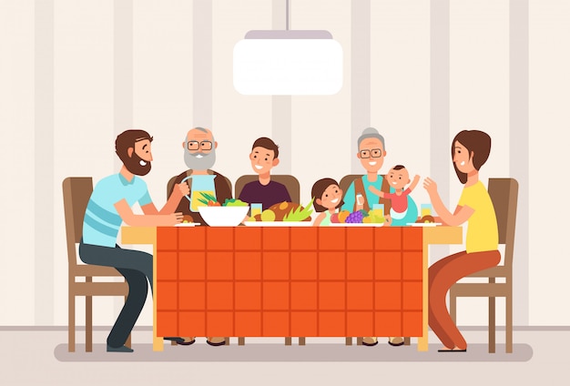 リビングルームの漫画イラストで一緒に昼食を食べて幸せな大家族 プレミアムベクター